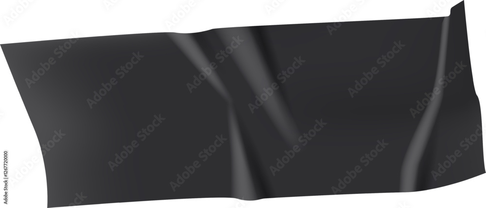 Poster black adhesive tape with visible wrinkles floats against a stark white background, creating an abstr