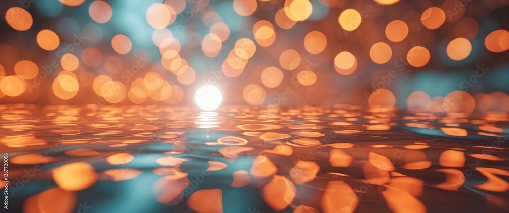 Poster abstract bokeh lights over water surface with reflections and a bright sun setting in the background