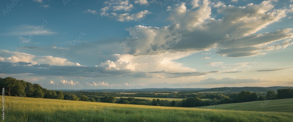 Poster panoramic view of a lush green landscape under a partly cloudy sky with rolling hills and distant mo