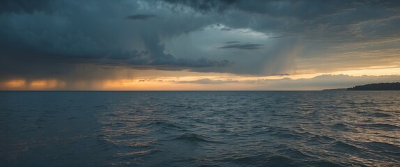 Fototapeta premium Dramatic seascape with dark storm clouds and rain over calm water at sunset with orange and gray tones and Copy Space