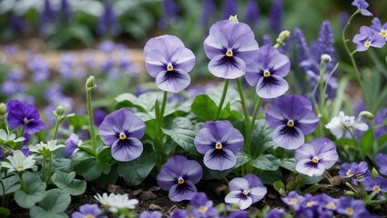 Purple pansies blooming in a garden setting with various other flowers and greenery surrounding them Copy Space