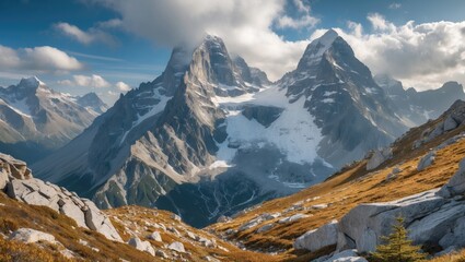 Majestic mountain landscape with rocky terrain and dramatic peaks under a cloudy sky showcasing natural beauty and rugged wilderness Copy Space