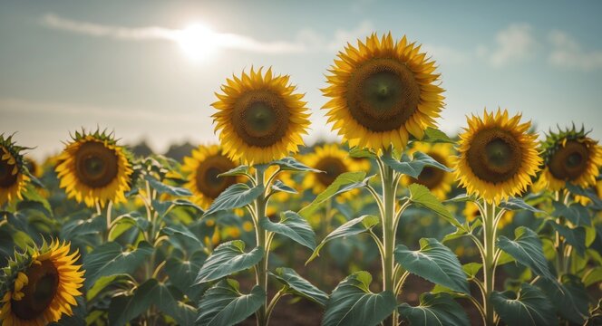 Sunflower field under sunlight with blue sky in the background vibrant yellow flowers with leaves in foreground natural landscape Copy Space