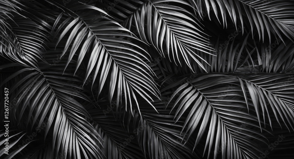 Aufkleber black and white close-up of tropical palm leaves with detailed textures and patterns suitable for ba