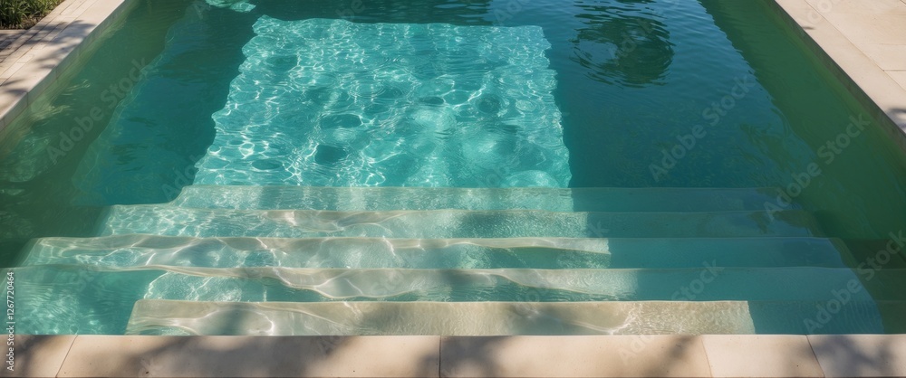 Poster swimming pool with clear turquoise water and stone steps leading into the pool creating reflections 
