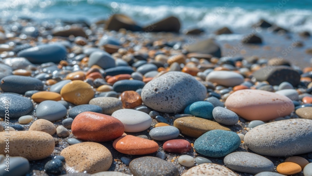 Poster colorful pebbles and stones on a beach shore with gentle waves in the background featuring copy spac