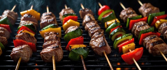 Grilled meat and vegetable skewers on barbecue grill with smoke and vibrant colors suitable for summer gatherings and outdoor cooking. Copy Space