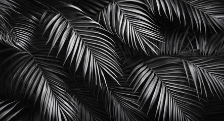 Black and white close-up of tropical palm leaves with detailed textures and patterns suitable for background use Copy Space