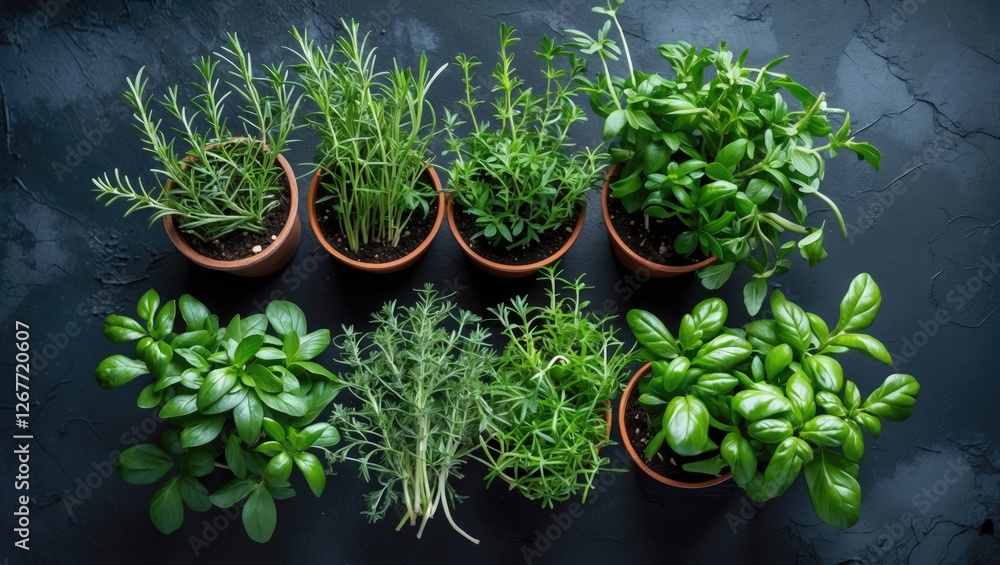 Poster Herb plants in small terracotta pots arranged on a dark textured surface with ample copy space for text placement