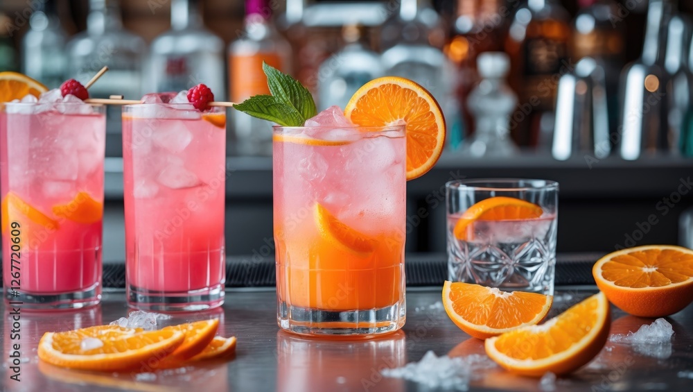 Poster three colorful cocktails with ice and fruit garnishes on a bar counter with blurred background of bo