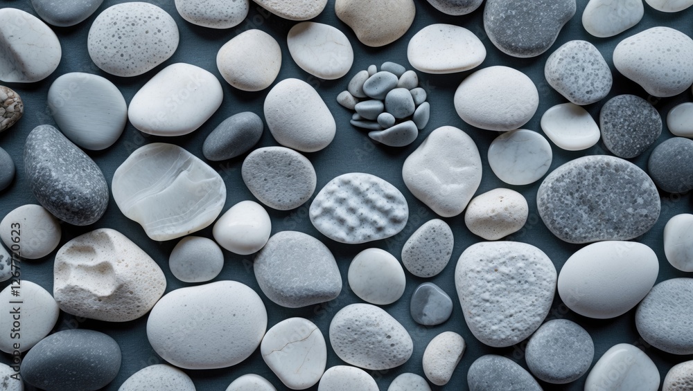 Aufkleber variety of smooth white and gray pebbles arranged on a dark background with copy space for text inse