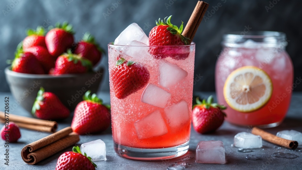 Poster fresh strawberry soda with ice cubes and cinnamon sticks on a rustic surface surrounded by strawberr