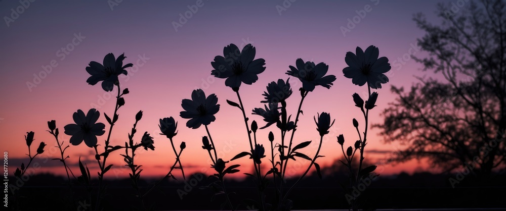 Poster silhouette of flowers against a colorful sunset sky with tree branches in the background and copy sp