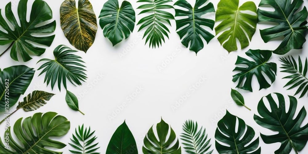 Poster green tropical leaves composition on white background with empty center for text or design elements 