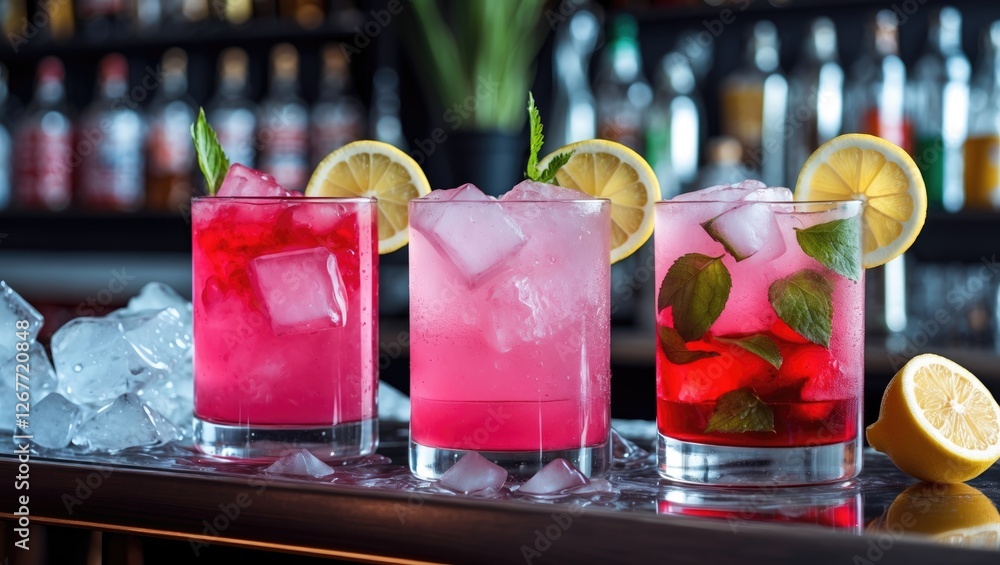 Poster three colorful refreshing cocktails with ice and lemon slices on a bar counter surrounded by blurred