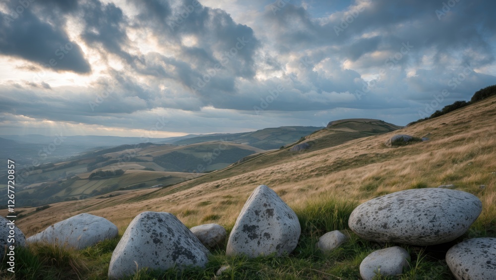 Poster landscape with large boulders in the foreground and rolling hills under a cloudy sky at dusk with co