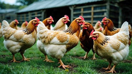 Group Brown Chickens With Red