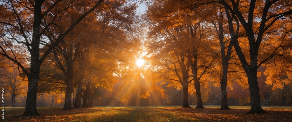 Poster autumn landscape with colorful trees and sunlight filtering through branches in a park setting copy 