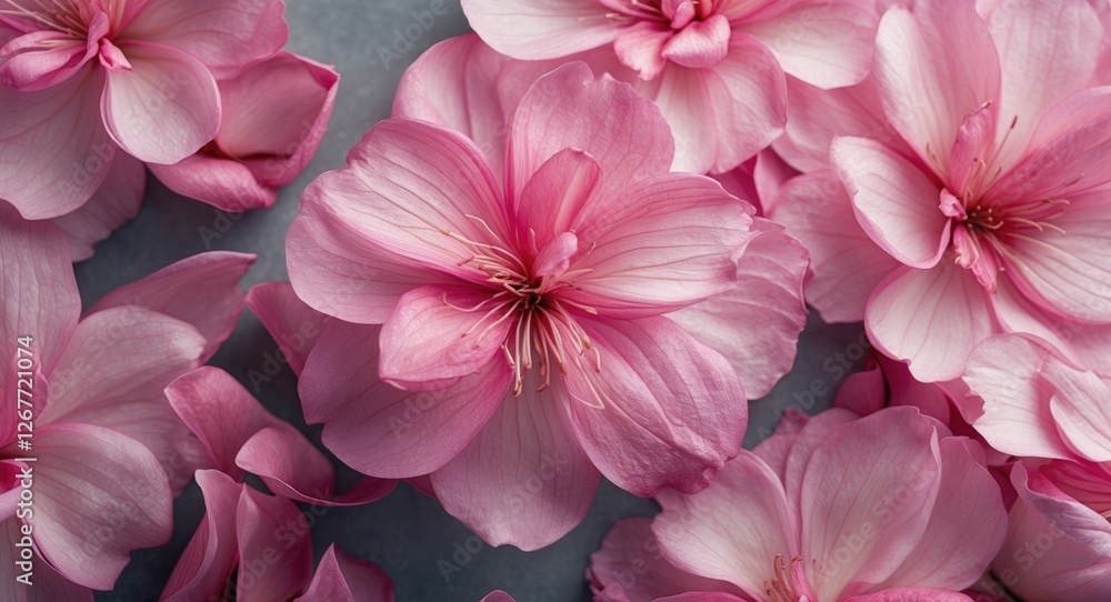 Poster pink cherry blossom petals scattered on a neutral background with soft lighting and texture suitable