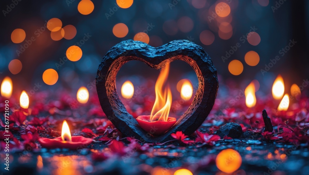 Poster heart shaped burning log surrounded by floating candles and vibrant red flower petals with blurred b
