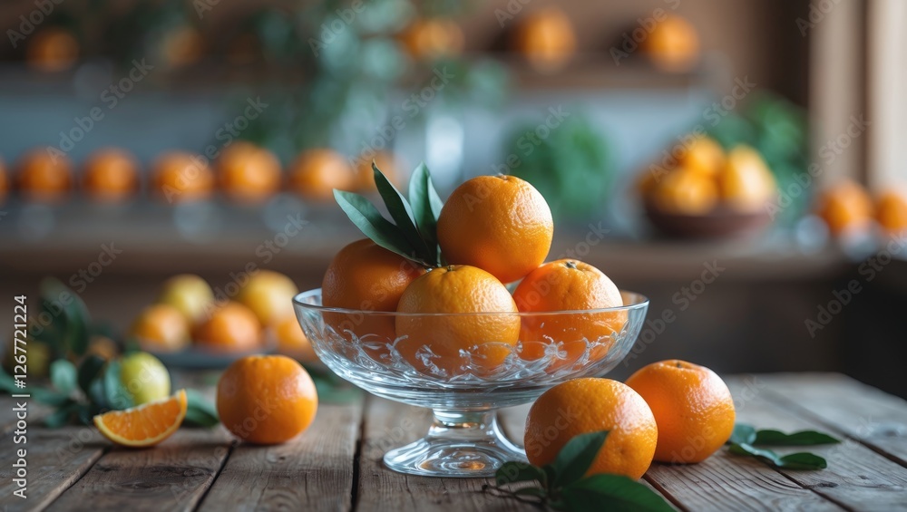 Poster fresh oranges arranged in a decorative glass bowl on a rustic wooden table with green leaves and add