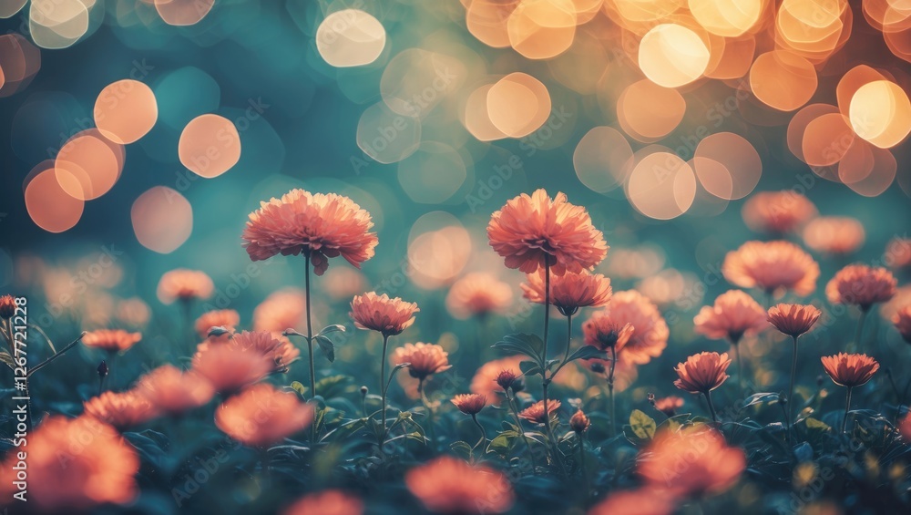 Aufkleber blurry background of orange flowers with soft bokeh lights in the foreground and a serene green back