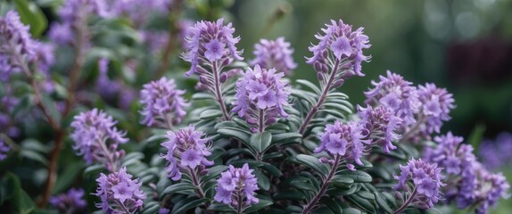 Fototapeta premium Close-up of blooming purple flowers with green foliage in a natural garden setting showcasing distinct floral details and textures Copy Space