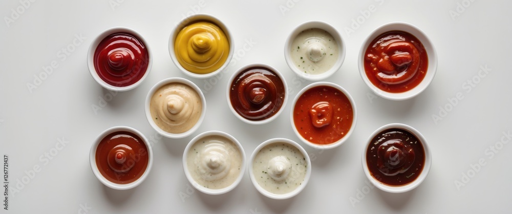Poster assortment of sauces in white bowls arranged on table with copy space for text