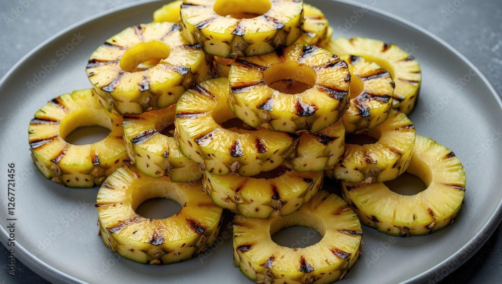 Poster grilled pineapple slices arranged on a gray plate showcasing caramelized edges and vibrant colors wi