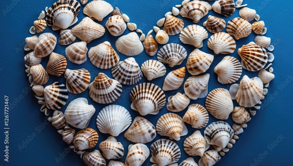 Poster heart shaped arrangement of various seashells on a blue background with copy space for text insertio