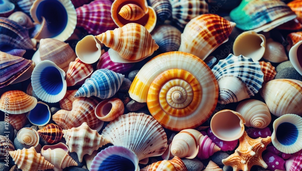 Poster colorful seashells of various shapes and sizes arranged on a surface with textured background copy s