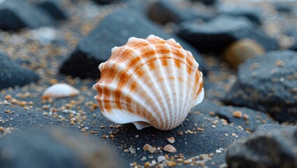 Seashell on rocky beach with pebbles and sand in background detailed close-up with Copy Space