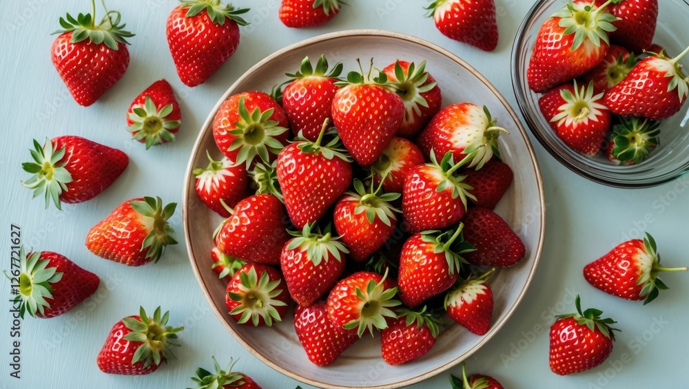Aufkleber fresh ripe strawberries arranged in a bowl and scattered on a light background with ample copy space