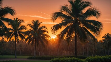 Fototapeta na wymiar Sunset over tropical landscape with silhouettes of palm trees against vibrant orange sky and soft lighting, Copy Space