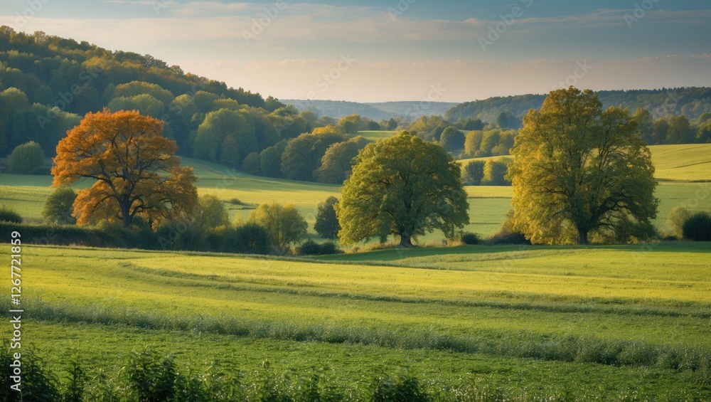 Poster autumn landscape with colorful trees in green fields at sunset with distant hills and clear sky copy