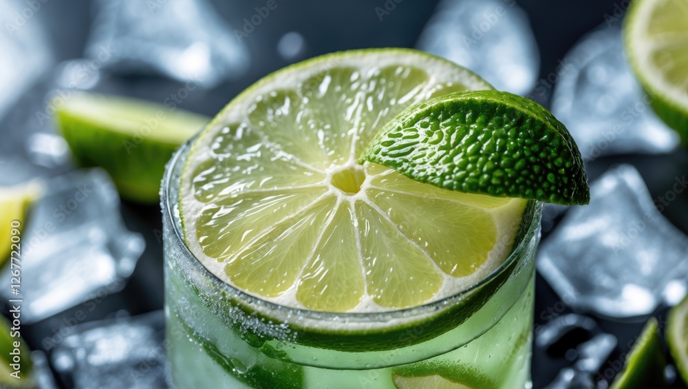 Poster close-up of refreshing lime cocktail garnished with fresh lime slices and surrounded by ice cubes on
