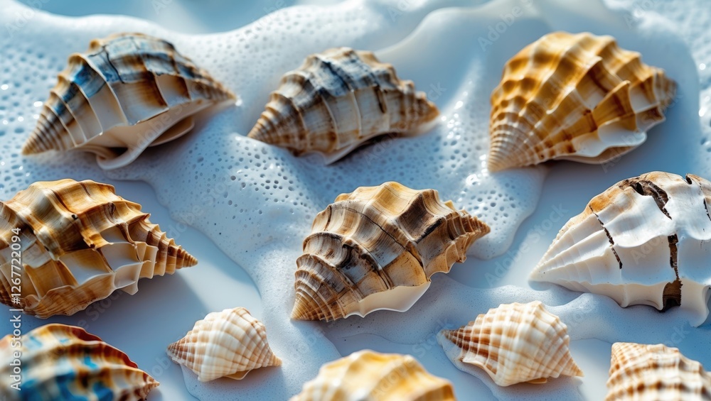Poster assorted seashells on wet sand with bubbles creating a coastal beach scene in bright sunlight copy s