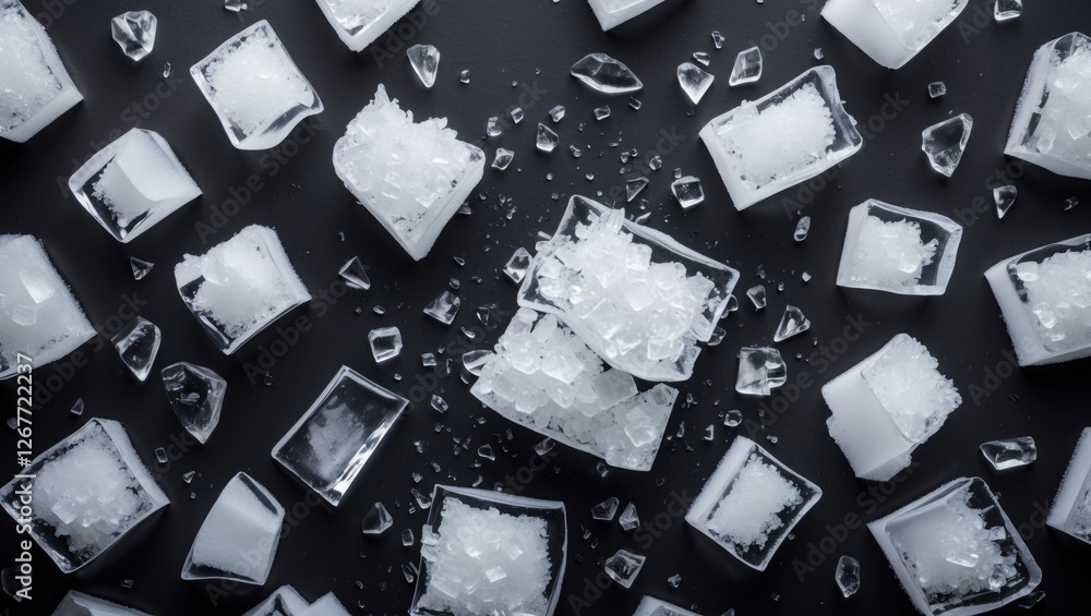 Poster scattered ice cubes and crushed ice on a black background with copy space for text inclusion