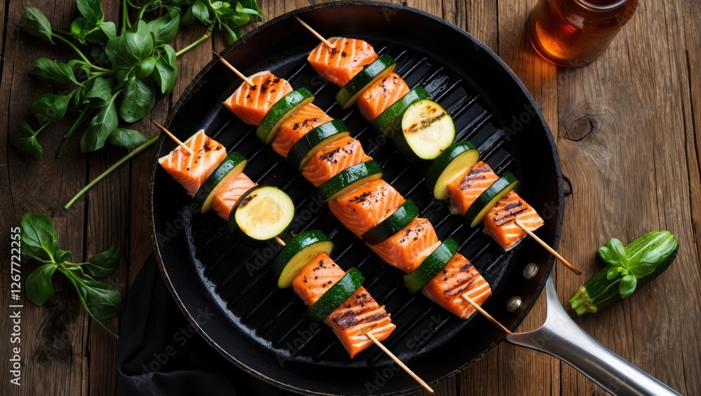 Poster grilled salmon skewers with zucchini and lemon slices on a cast iron skillet with fresh greens and h