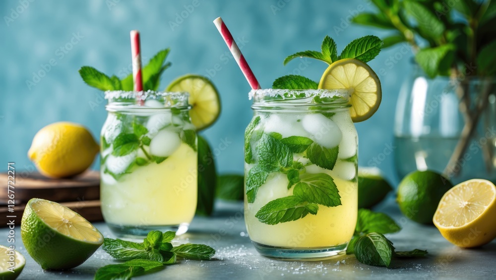 Poster refreshing mint lemonade with ice cubes in jars garnished with lemon slices and mint leaves on a blu