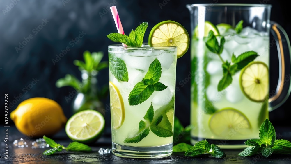Poster fresh lemonade with mint leaves and ice in a glass with pitcher of lemonade on dark surface with lem