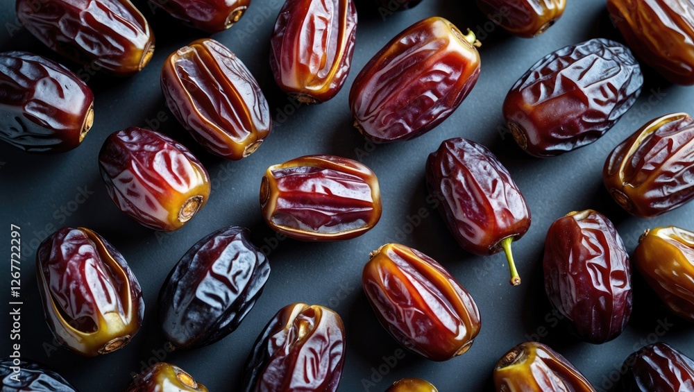 Poster assorted medjool and deglet noor dates arranged on a dark surface with detailed textures and colors 