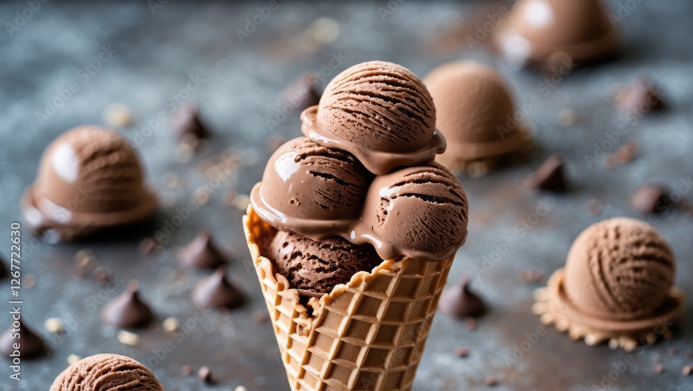 Poster chocolate ice cream in waffle cone topped with multiple scoops surrounded by chocolate truffles and 