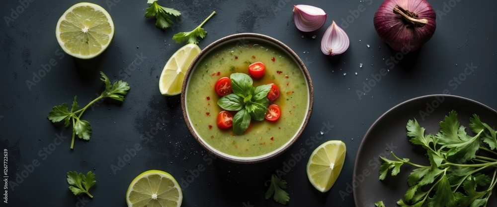 Poster fresh green soup with cherry tomatoes and basil garnished with lime and herbs on a dark background w