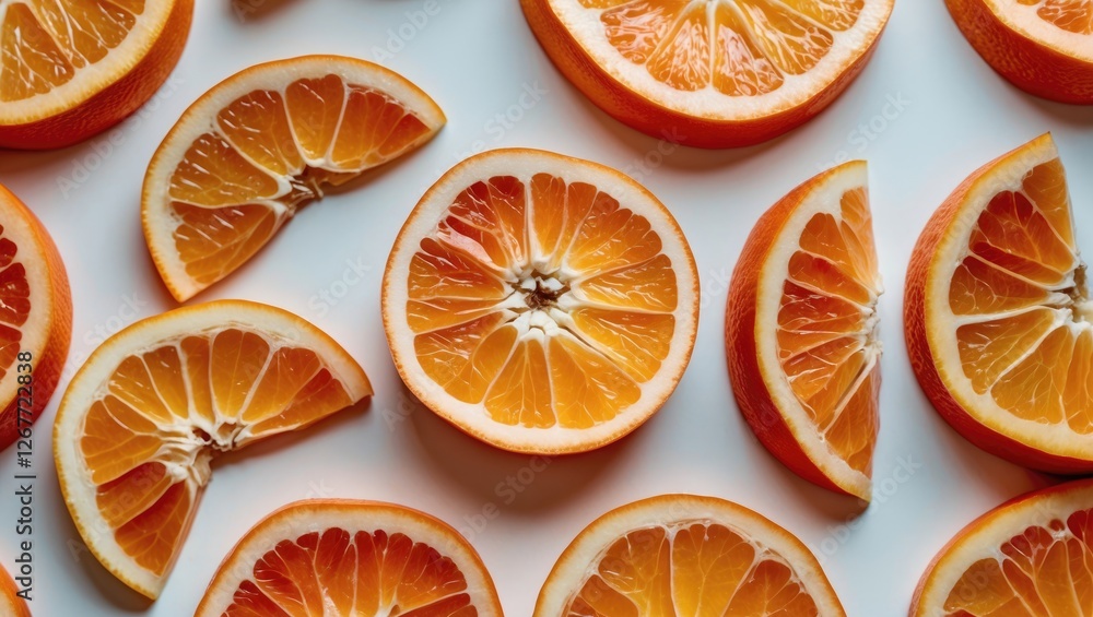 Poster sliced oranges arranged on a white background with vibrant color and texture showcasing the fruit's 