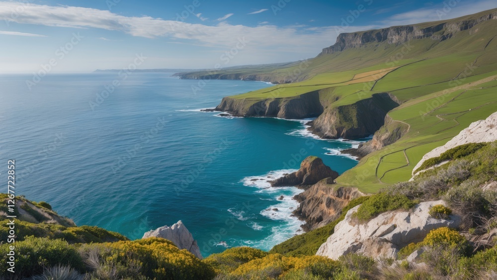 Poster coastal landscape with cliffs and green fields under a clear blue sky by the ocean with colorful veg