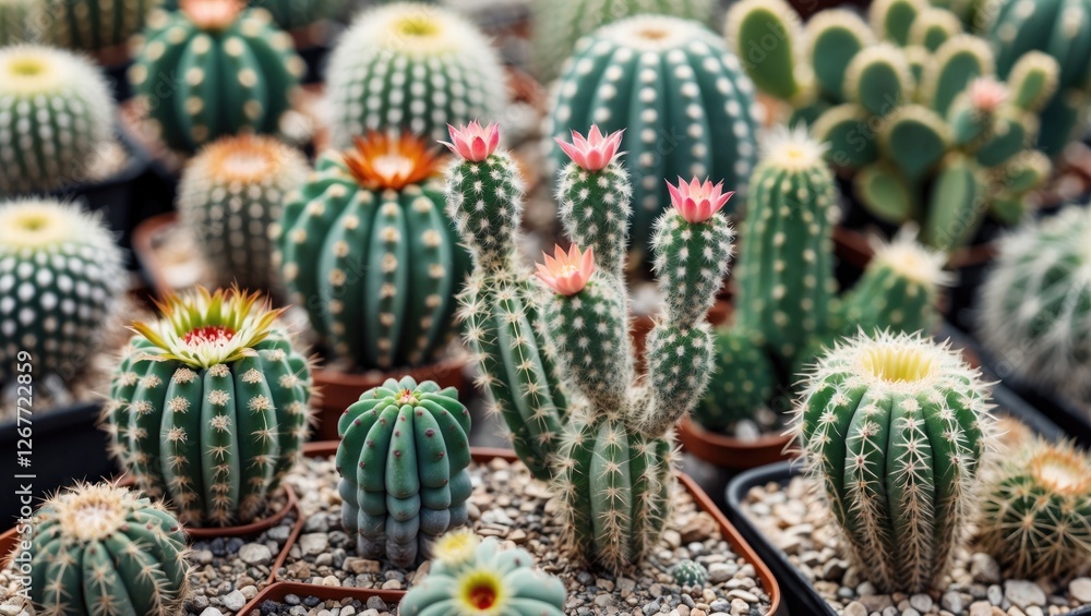 Aufkleber cacti collection in pots with colorful flowers and varying shapes in a greenhouse setting natural li