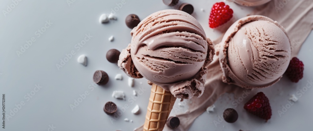 Poster chocolate ice cream scoops in waffle cone with raspberries and chocolate chips on grey background wi