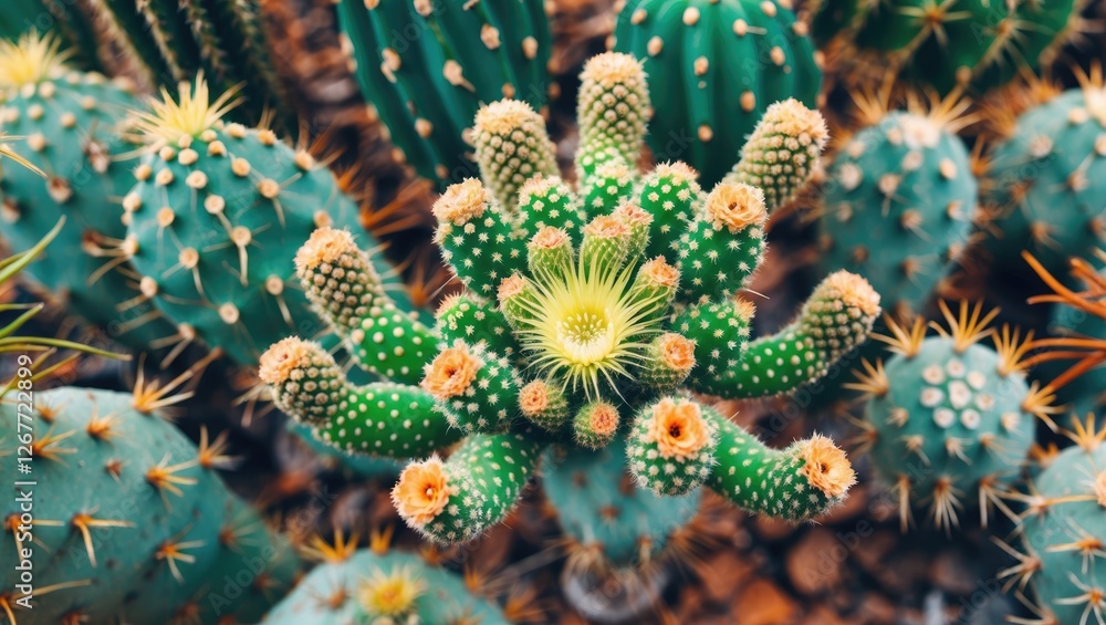 Poster group of various cacti with bright flowers and green spines in a natural setting overhead view copy 