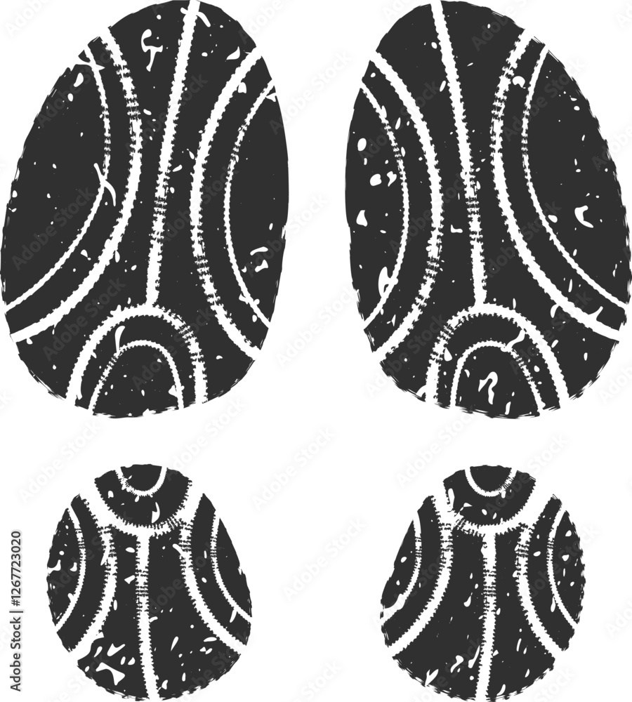 Poster four black shoe prints with grunge texture forming a walking pattern are isolated on a white backgro